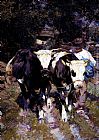 Calves Paintings - Two Harnessed Calves by Heirich von Zugel